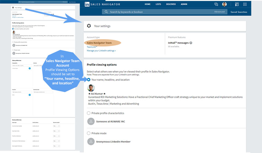 Sales Navigator Team Account Setting View